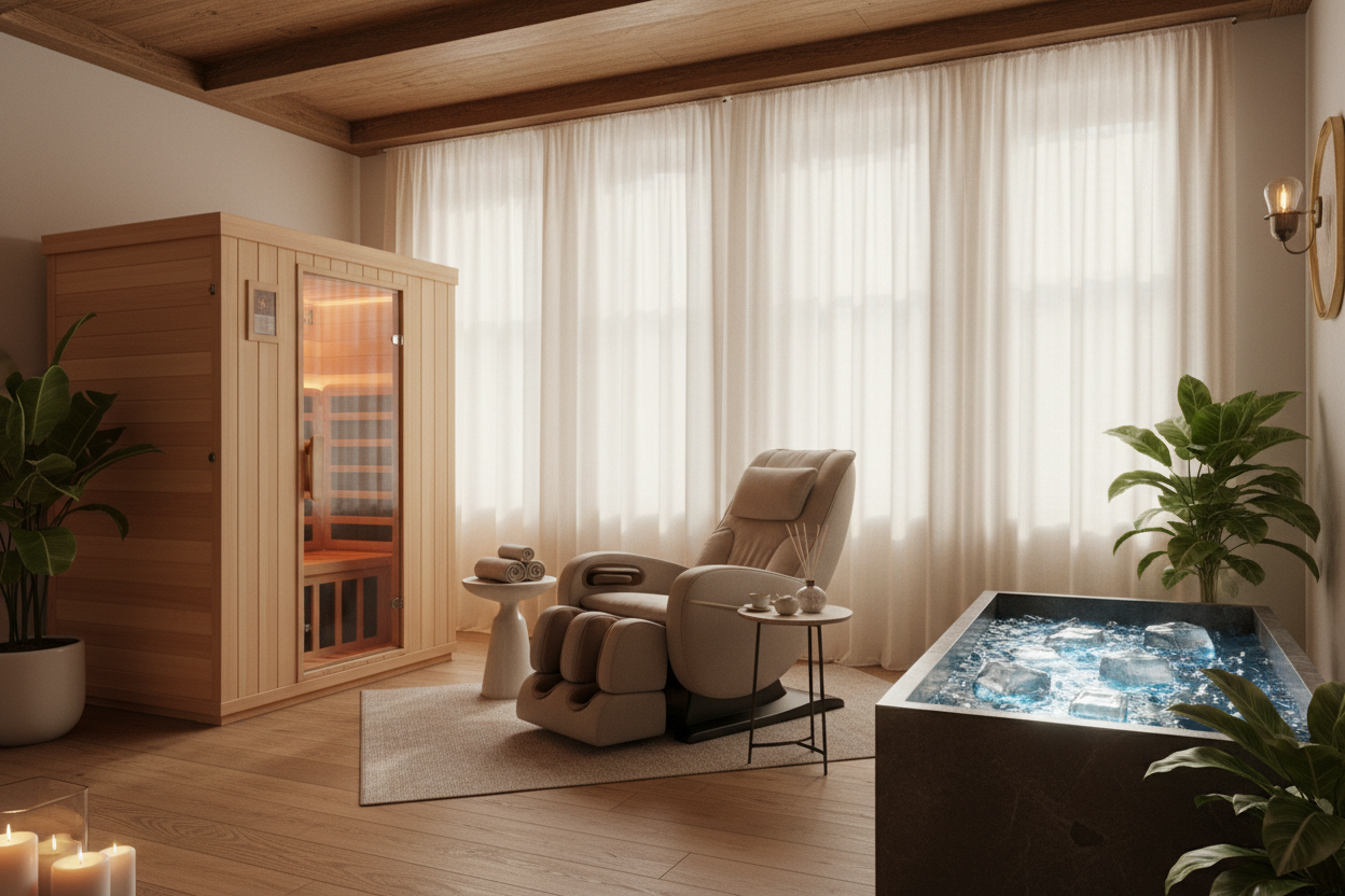 generate an ia ge of a cozy welcoming room in well decorated home wht large windoes and wamr curtians and ighe celiings, woh an infrared sauna on a massage chair and a cold plungewiht ice 