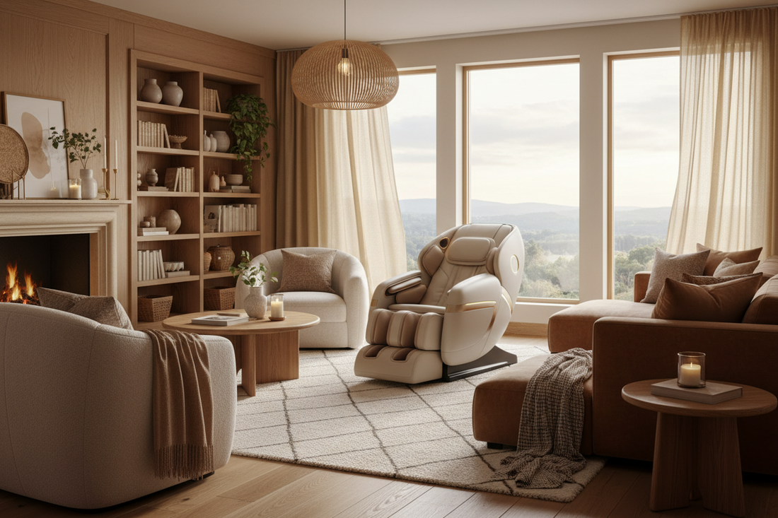 generate. cozy image of a home room calmy and wamr deocreate wiht large windeos and wamr colors with a massage chair in it 